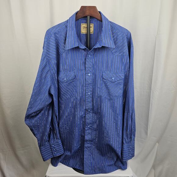 Vintage Wrangler Western Shirt Pearl Snap Blue Stripe 90s Cowboy Rodeo XL - Picture 1 of 5